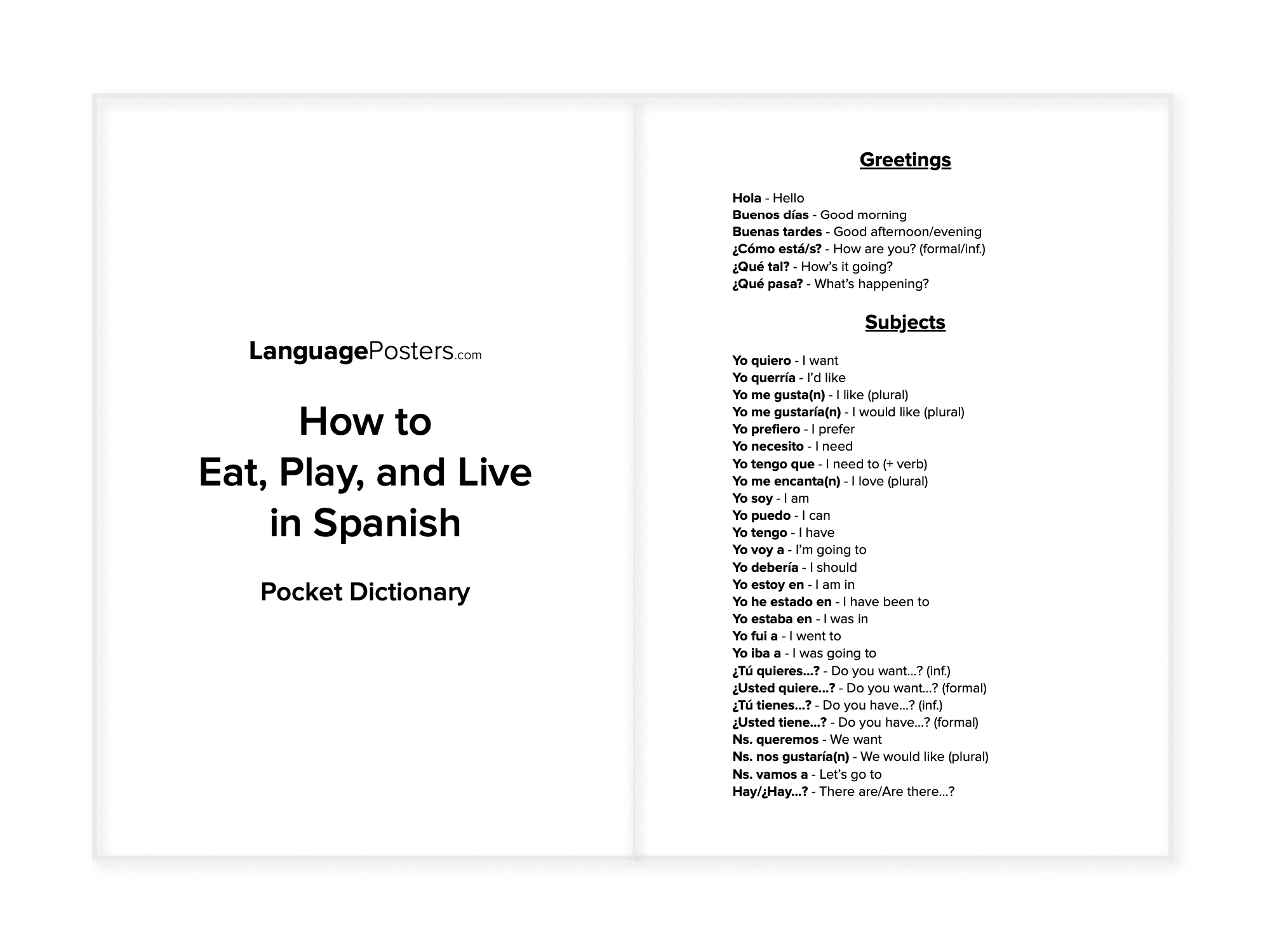 LanguagePosters.com - How to Eat, Play, and Live in Spanish Pocket Dictionary Preview